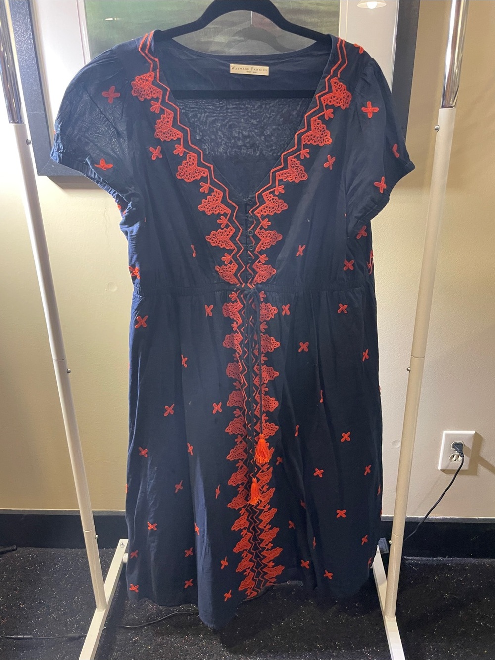 Wayward Fancies Navy Blue Embroidered Midi Dress with Red Accents. 2X-22W